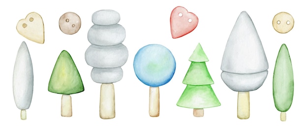 Trees, firs, stylized. scandinavian decor, for decoration, cards. wooden, colorful toys.