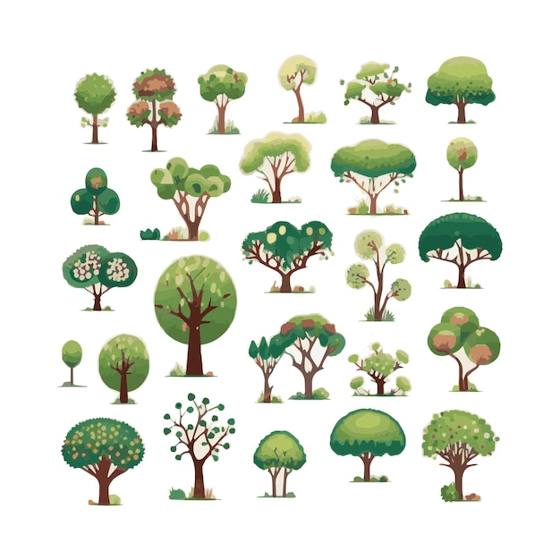 Set di illustrazioni vettoriali piatte per alberi piante da spiaggia esotiche elementi di design isolati pacchetto collezione di cartoni animati di rami e tronchi di foglie verdi su sfondo bianco