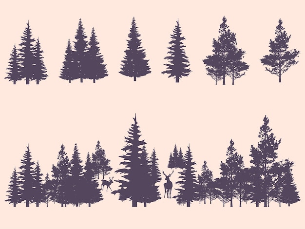 trees and forest silhouettes set in monochrome style evergreen coniferous forest trees collection