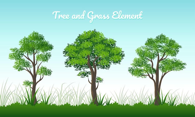 Trees and grass vector element cartoon illustration