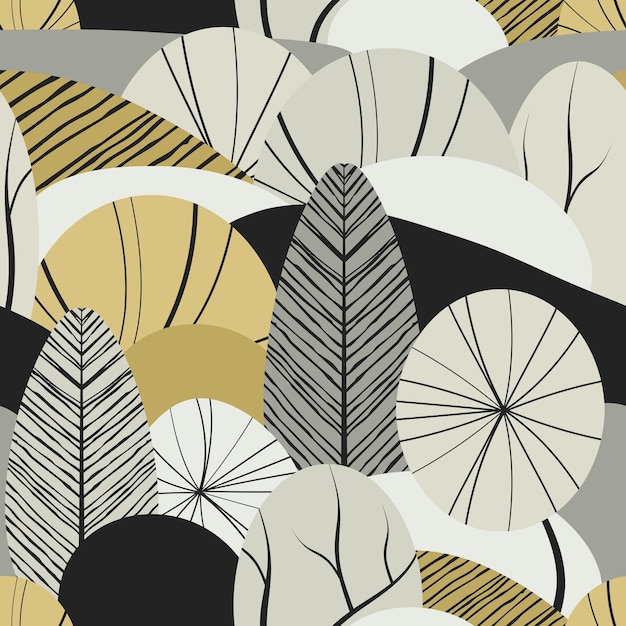 Trees grey seamless pattern with plants leaves forest theme hand draw texture vector template