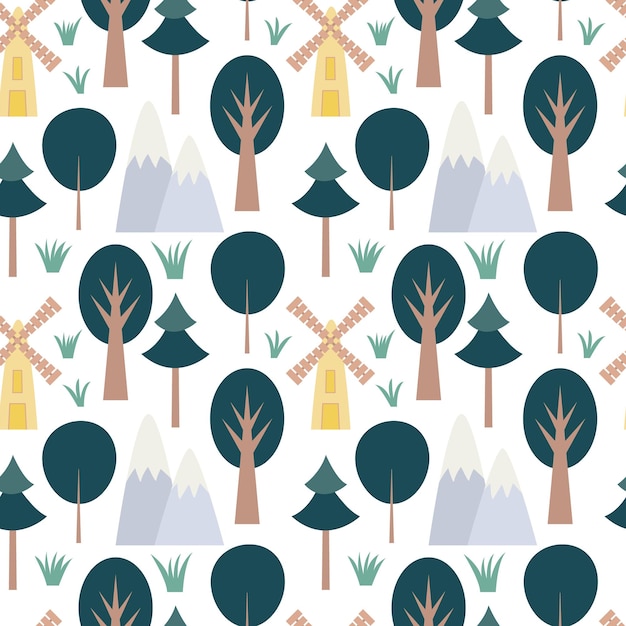 Trees and mill flat style vector seamless pattern