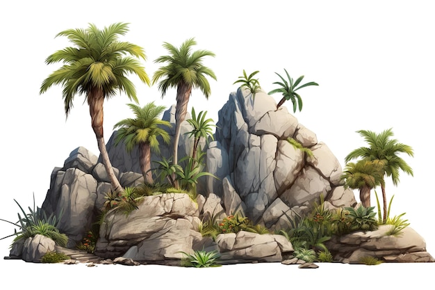 Деревья Горы на острове и скалы Изолированы на белом фоне Используются в дизайне рекламы