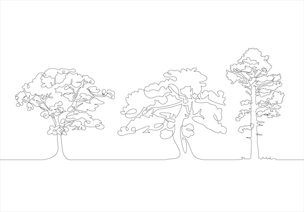 Trees one line set art. continuous line