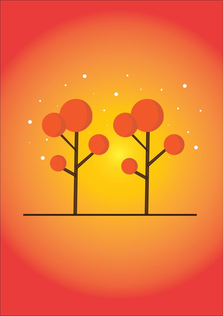 Vector trees in orange and orange with the sun behind them