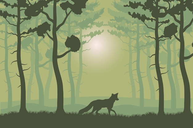 Vector trees plants and fox in green forest landscape scene  illustration
