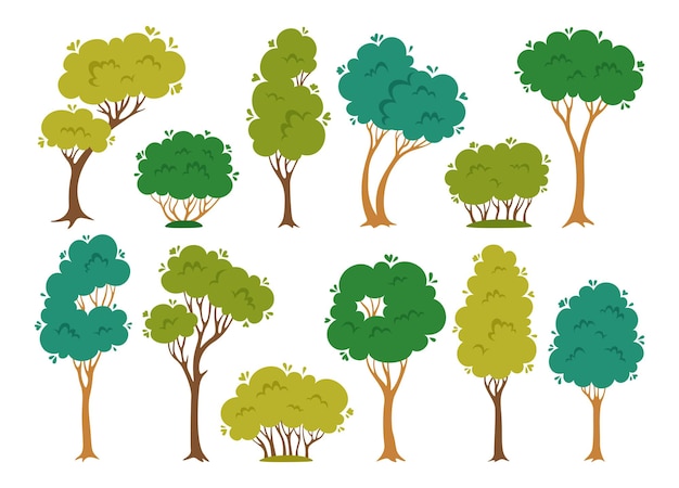 Trees shrub flat cartoon set abstract evergreen stylized plant botanical nature eco bush lush crown