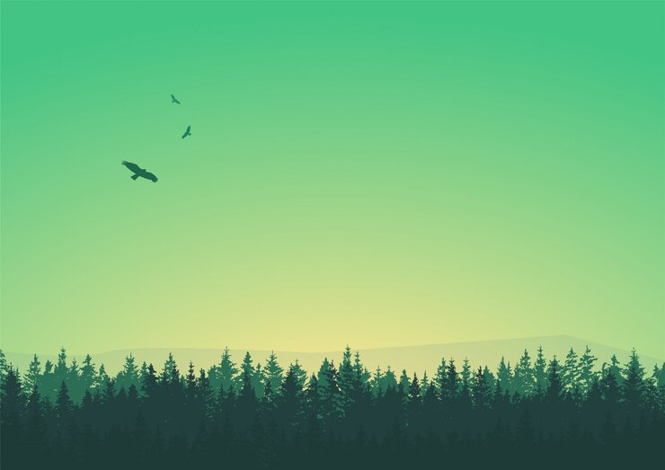 Vector trees silhouette with birds in the sky scene green
