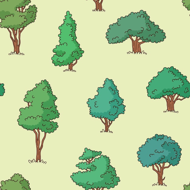 ベクトル 木々 シンプルなアニメのスタイルの絵 シームレスなパターンの背景 植物 森のドゥードルイラスト