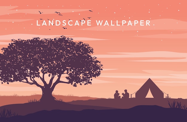 夕暮れの午後の壁紙の風景デザインの木とテント