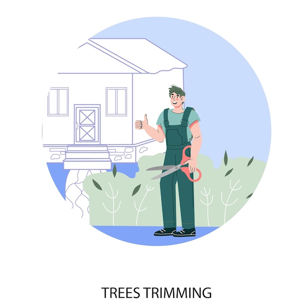 Trees trimming service circle banner template with cartoon gardener flat vector isolated