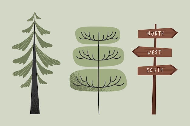 Vector trees and wooden label icons