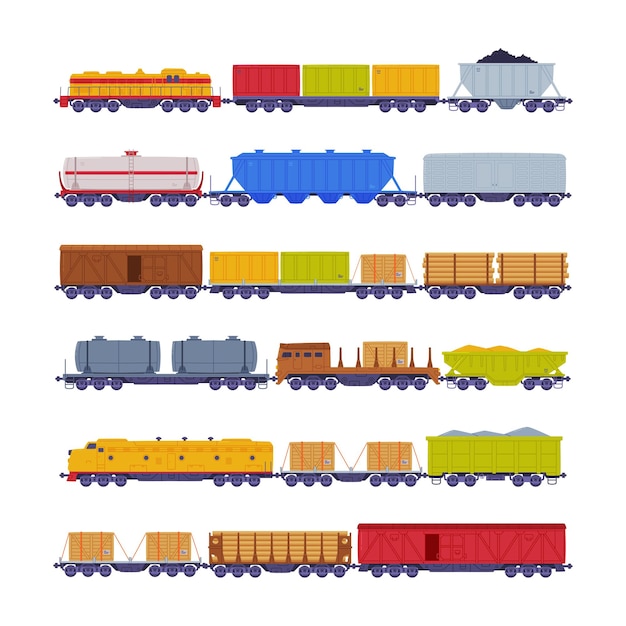 Treinen of locomotieven met wagons die vracht en lading trekken