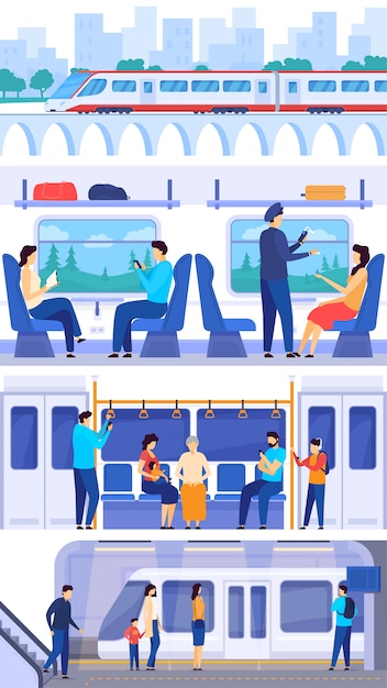 Vector treinreizigers, mensen in openbaar spoorwegvervoer, illustratie