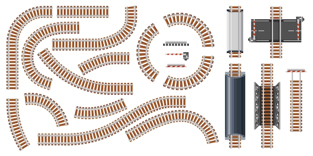 Vector treinspoorwegbouwer, rails en spoorrails geïsoleerde set, bovenaanzicht. koppelbare spoorrails kruispunten, treinwagons, slagboom, doodlopende weg, kruispunt en brugelementen