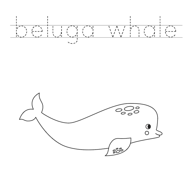 Trek de letters over en kleur cartoon beluga-walvis Handschriftoefening voor kinderen