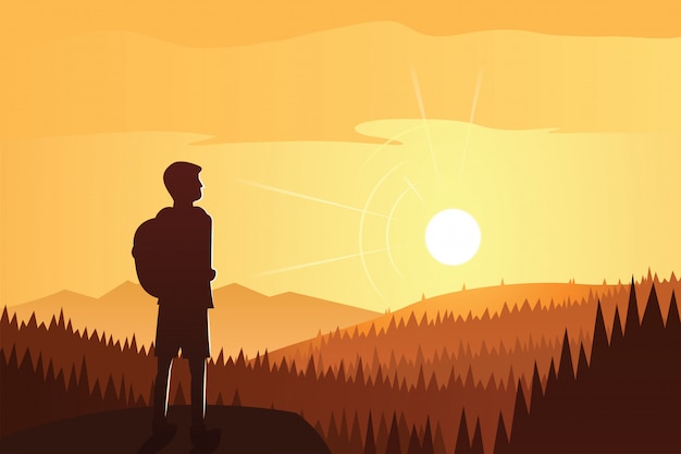 Vector trekker contemplating beautiful forest and mountains landscape