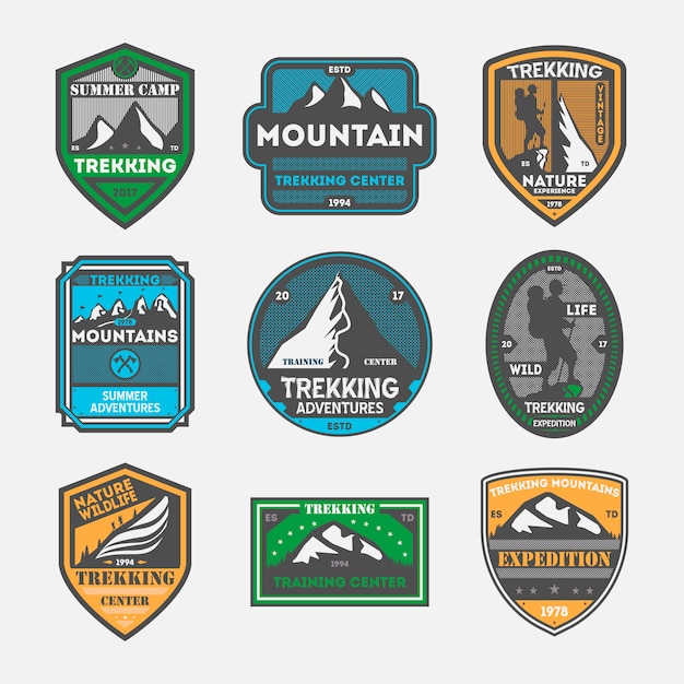 Vector trekking expedition vintage isolated badge set