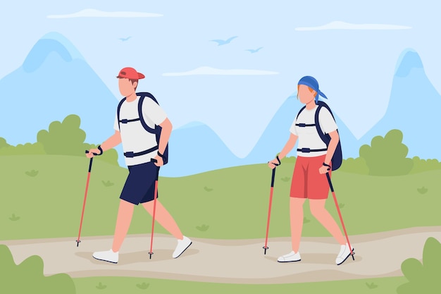 Trekking flat color vector illustration. backpackers on road. recreational activity for weekend. boyfriend and girlfriend walking on trail 2d cartoon characters with landscape on background