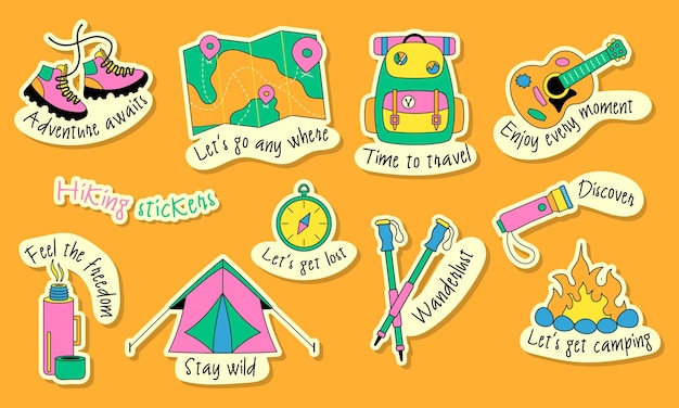 trekking and hiking sticker set with motivational text camping stickers in retro style