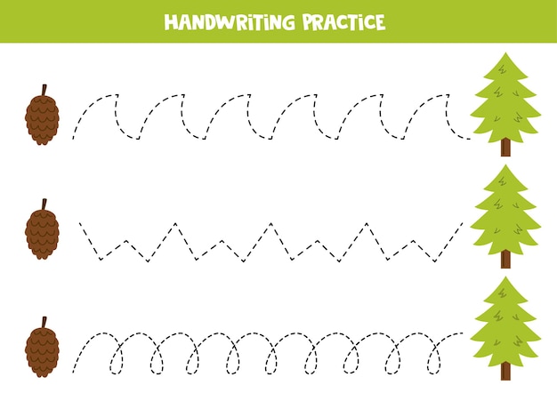 Treklijnen voor kinderen Dennen en dennenappel Schrijfoefeningen