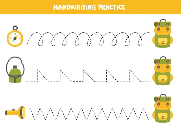 Vector treklijnen voor kinderen leuke kampeerelementen schrijfoefeningen