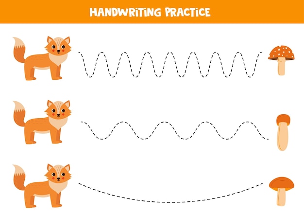 Treklijnen voor kinderen Leuke vos en paddenstoelen Handschriftoefening voor kinderen