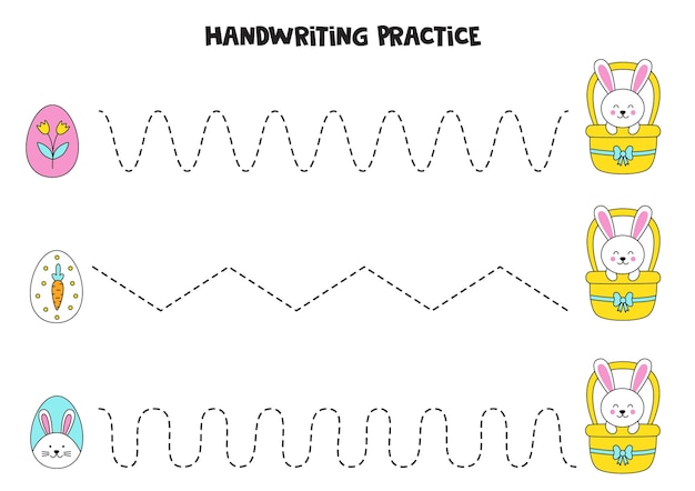 Treklijnen voor kinderen met schattige paashazen en eieren Handschriftoefening