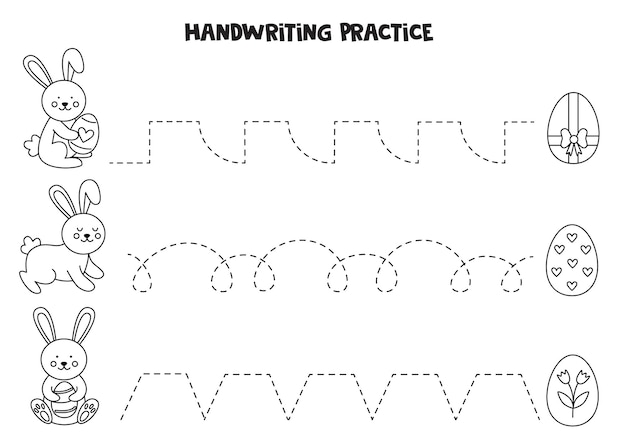 Treklijnen voor kinderen met schattige paashazen Handschriftoefeningen