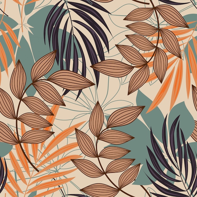 Trend abstract seamless pattern with colorful tropical leaves and plants on beige 