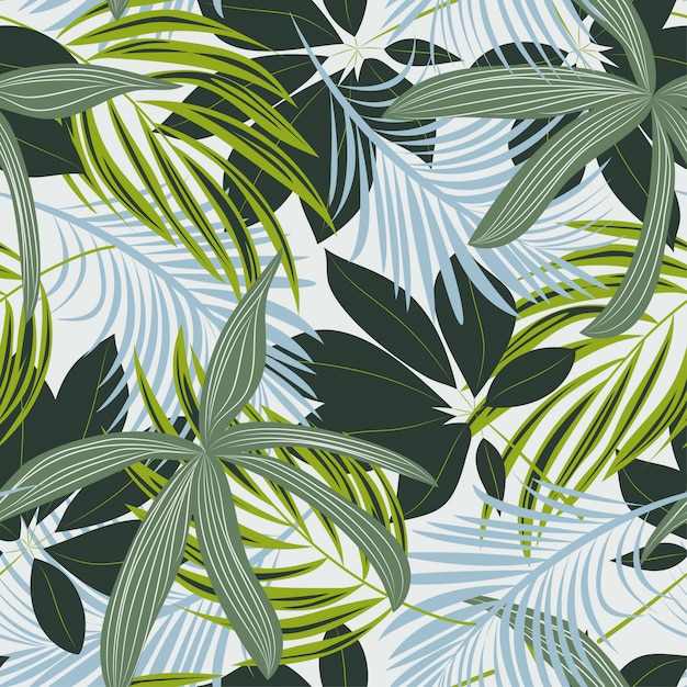 Trend abstract seamless pattern with colorful tropical leaves and plants on pastel