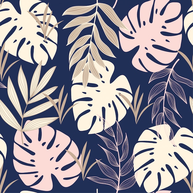 Trend abstract seamless pattern with tropical leaves