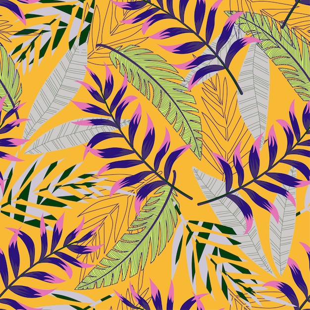 Vector trend abstract tropical seamless pattern with bright leaves and plants on yellow background