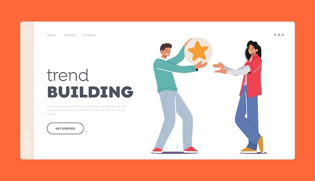 Trend Building Landing Page Template Virtual Communication In Networks Concept Man Giving Big Gold Star to Female