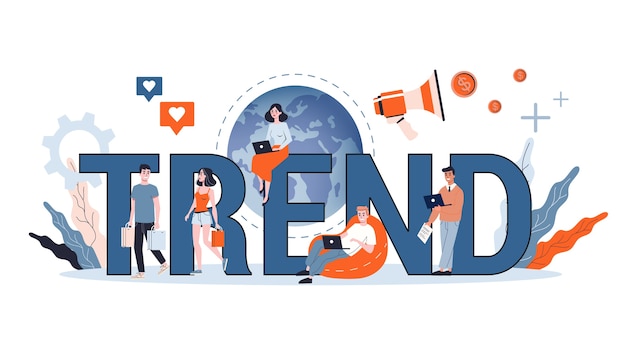 Concetto di tendenza. persone di affari che inseguono le tendenze. banner web, presentazione, idea di account di social media. illustrazione