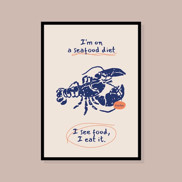 Vector trend hand drawn seafood vector print poster retro style