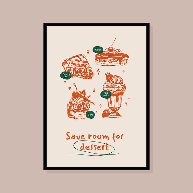 Trend handgetekende dessert vector print poster retro stijl