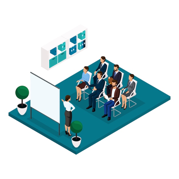 Trend Isometric people learning concept front view, coachers, training, lecture, meeting, brainstorm, businessmen and businesswoman in suits