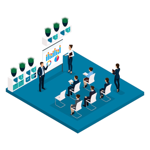 Vector trend isometric people learning concept rear view, coachers, training, lecture, meeting, brainstorm, businessmen and businesswoman in suits