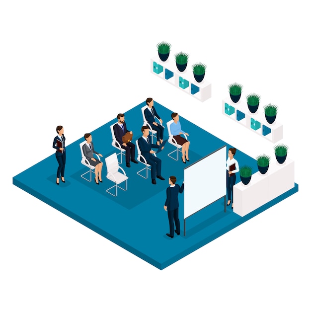 Trend isometric people, a room, an office coachers rear view, large office room teaching, training, meeting, lecture, business coach, business and businesswoman in suits