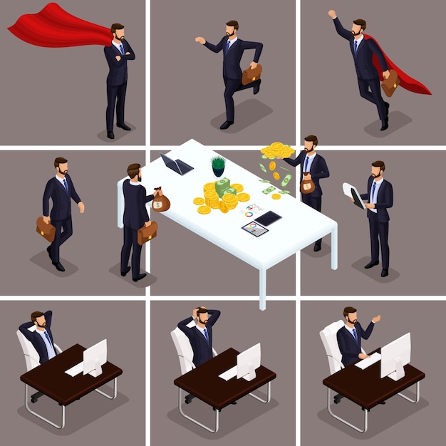 Trend isometry a set of 3d businessmen in different action scenes