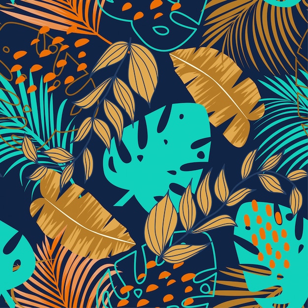 Trend naadloos patroon met kleurrijke tropische bladeren en planten op paars