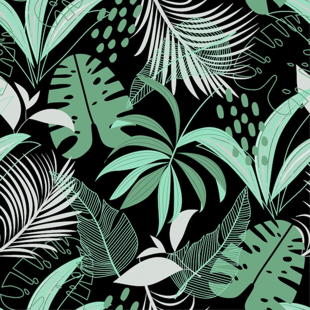 Trend naadloos patroon met kleurrijke tropische bladeren en planten op zwart