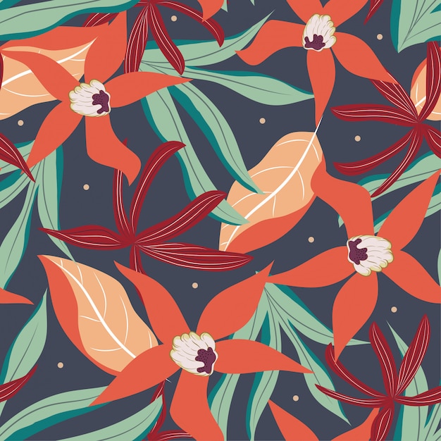 明るい熱帯の葉と花のトレンドのシームレスパターン