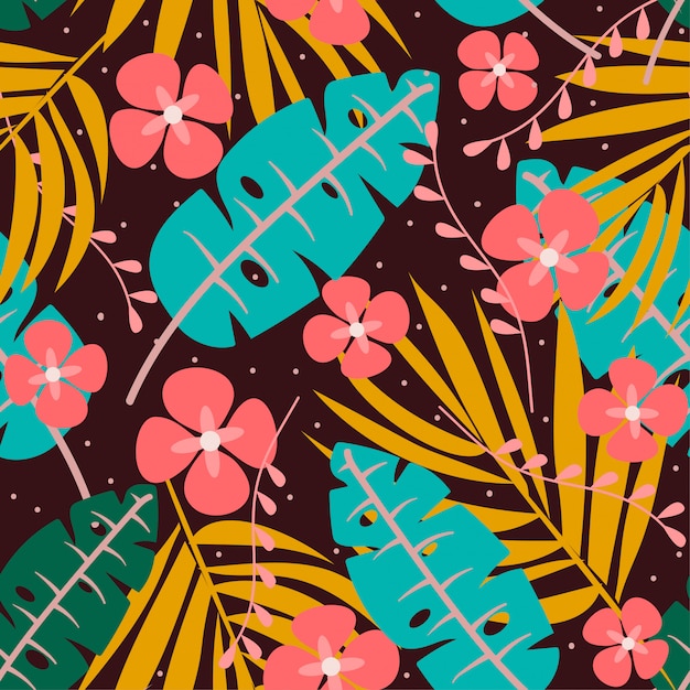 Trend seamless pattern with bright tropical leaves, plants and flowers