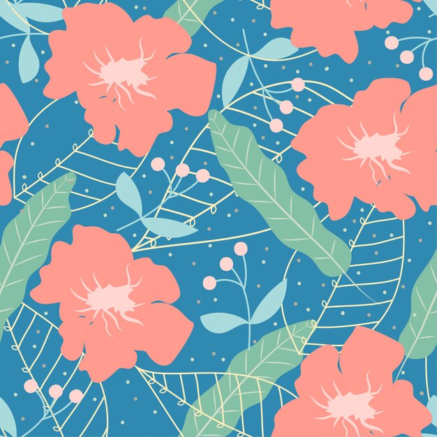 Trend seamless pattern with bright tropical leaves, plants and flowers