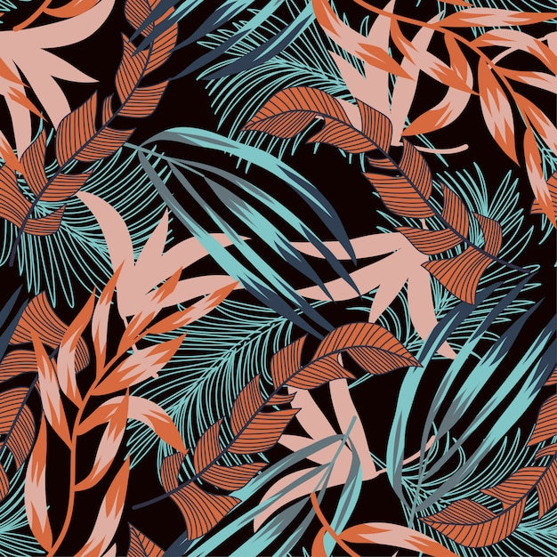 Trend seamless pattern with bright tropical leaves and plants