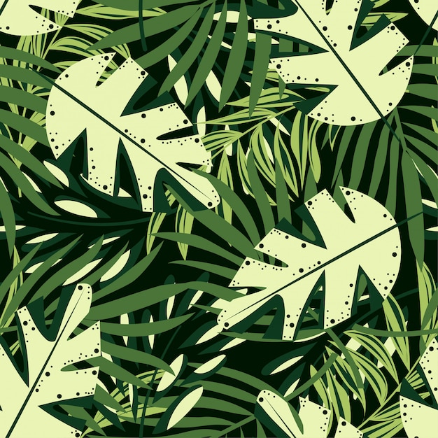 Trend seamless pattern with bright tropical leaves and plants