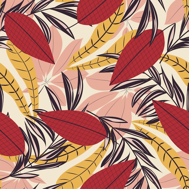 Trend seamless pattern with colorful tropical leaves and plants