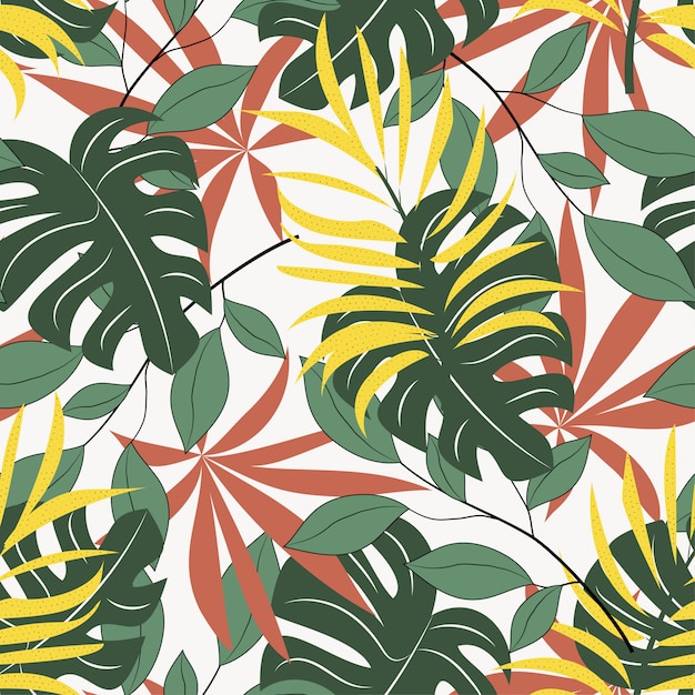 Trend seamless pattern with colorful tropical leaves and plants 